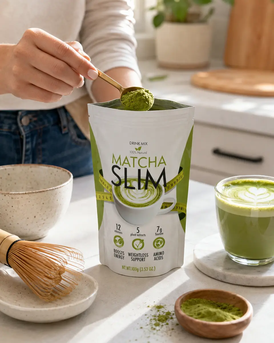 Pachet Matcha Slim deschis și linguriță cu pudră, în bucătărie